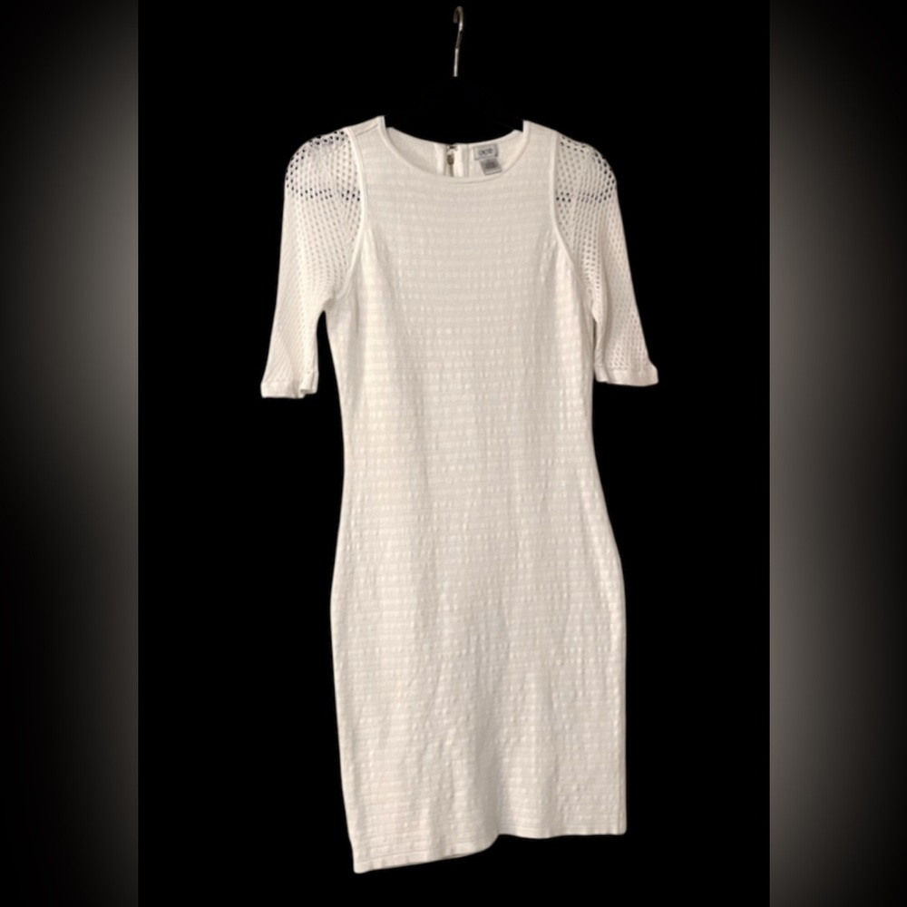 Cache Women’s Off White Bodycon Knit Mesh Short Sleeve Mini Sweater Dress Sz M